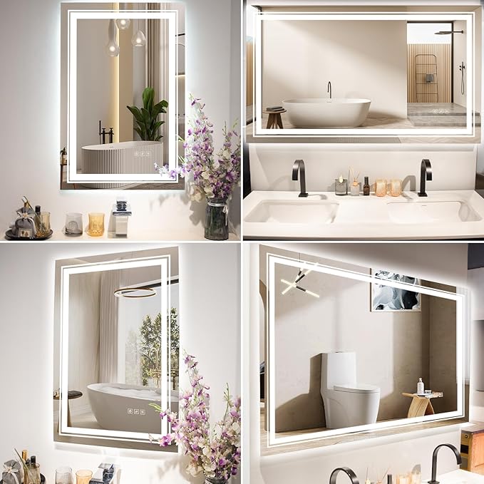 40x30 LED Mirror for Bathroom with Front and Backlit Light Up Digital Mirrors for Wall,Anti Fog,Stepless Dimmable,Tempered Silver Glass Smart Vanity Mirror for Bathroom