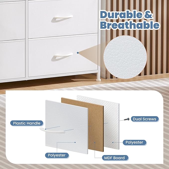 DUMOS Dresser for Bedroom, Storage Organizer with 9 Drawers, Chest of Drawers with Fabric Bins, Sturdy Metal Frame, Wood Tabletop for Guest Room, Closet, Entryway, Nursery
