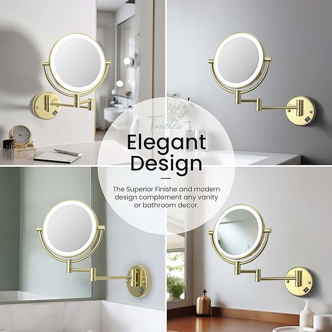 KIBI Circular Wall Mount Makeup Mirror with LED Lights, Dual-Sided 1x/5x Magnifying Mirror with Adjustable Arm, 360° Swivel, Solid Brass Construction for Durability and Style (Brushed Gold, KMM101)