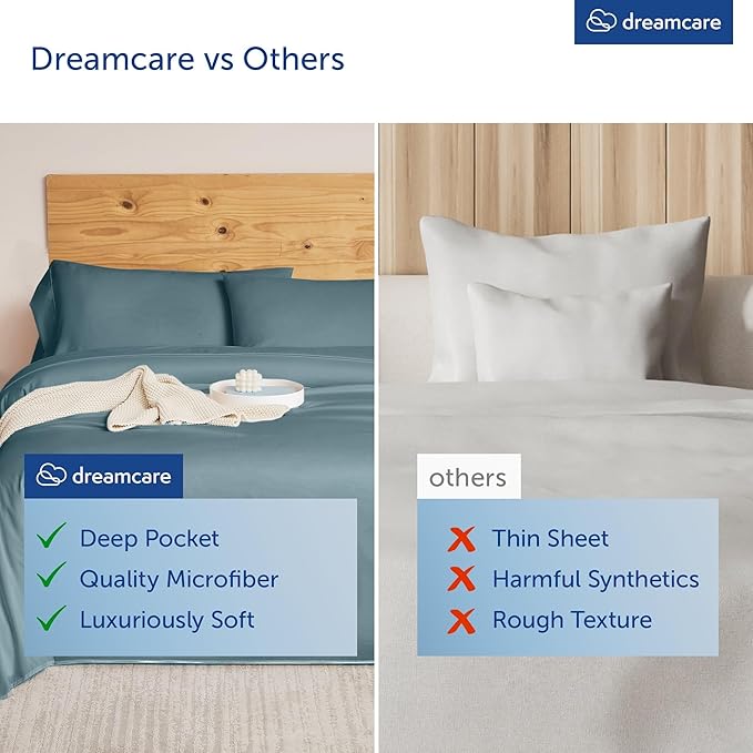 DREAMCARE Queen Size Sheets - Cooling Bed Sheets - 4pcs Set - up to 15" Deep Pocket Queen Sheet Set - Sheets Queen Size Bed - Soft & Long Lasting 100% Fine Microfiber with Side Pocket - Mineral Blue