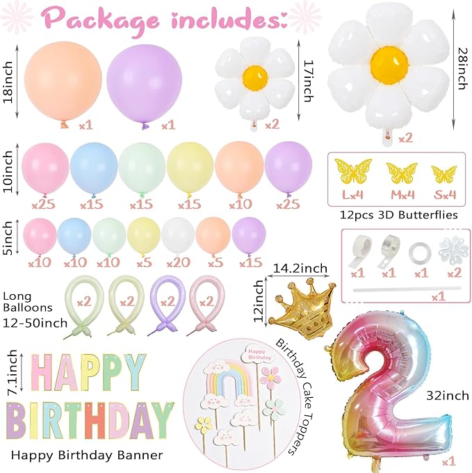 Pastel Balloon Garland Kit 219Pcs Daisy Balloon Arch, Pastel Balloons Different Sizes, Happy Birthday Banner, Cake Toppers, Number 2 Balloon, 3D Butterfly, 2nd Birthday Decorations for Girl