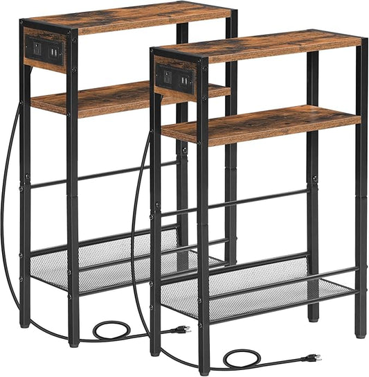 HOOBRO Small Narrow Side Table with Charging Station Set of 2, Skinny End Table for Small Spaces, Slim Nightstand with USB Ports Outlet, Sofa Beside Table with Storage Shelf BF102UBZP201