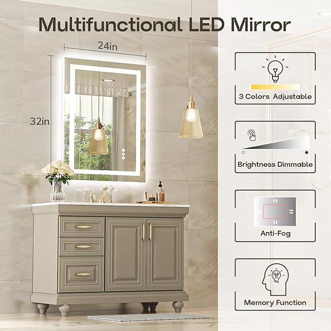 USHOWER LED Bathroom Mirror 24x32 Inch with Lights - Frameless Tempered Glass LED Backlit Lighted Mirror for Bathroom Vanity with Anti-Fog, 3 Colors Dimmable, Memory Function, Wall-Mounted