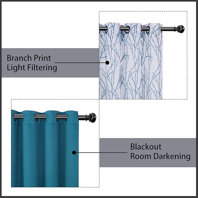 BONZER Mix and Match Curtains - 2 Pieces Branch Print Sheer Curtains and 2 Pieces Blackout Curtains for Bedroom Living Room Grommet Window Drapes, 54x84 Inch/Panel, Teal, Set of 4 Panels