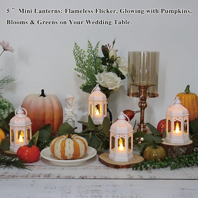 LLQ 8 Pcs Mini Lantern Decor Moroccan Lantern with Flickering LED Candle Table Centerpiece Small Vintage Wedding Hanging Lamp Ornaments Bulk for Wedding Halloween Christmas Party (5 Inch,White)