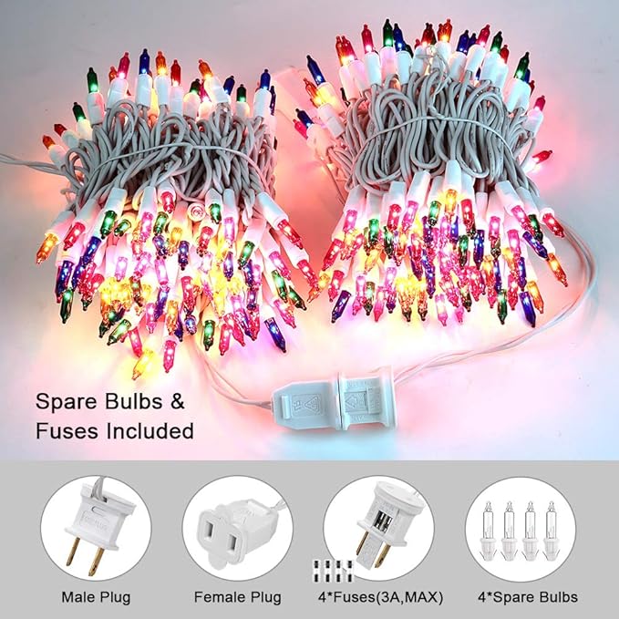 Brizled Colored Christmas Lights, 300 Count 69.6ft Incandescent Christmas Lights, Connectable 120V UL Certificated Xmas String Light, Mini Xmas Tree Light Set White Wire for Tree Holiday Party Decor