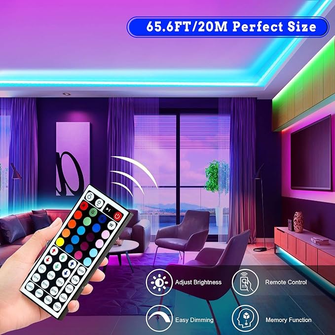 Tenmiro 65.6ft Led Strip Lights, Ultra Long RGB Color Changing LED Light Strips Kit with 44 Keys Ir Remote Led Lights for Bedroom, Kitchen, Home Decoration