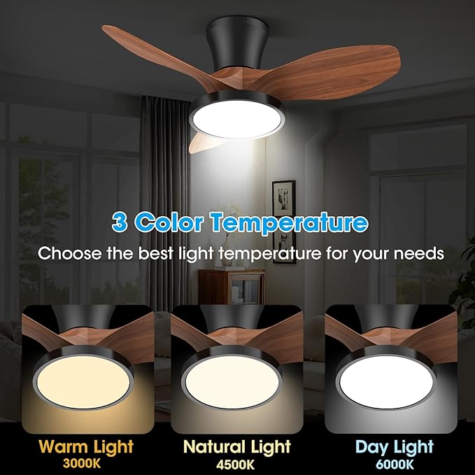 ocioc Quiet Ceiling Fan with LED Light DC motor 32 inch Large Air Volume Remote Control Walnut for Kitchen Bedroom Dining room Patio