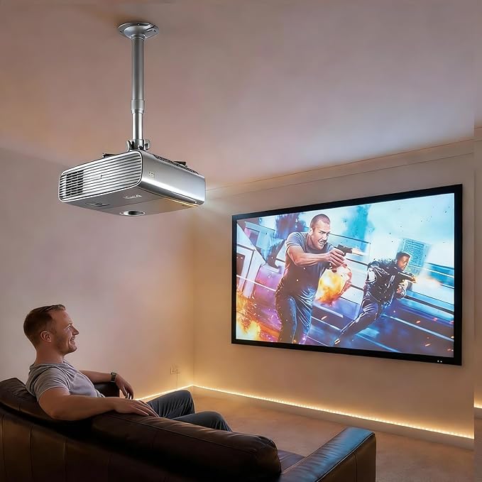 Projector Ceiling Mount with New Gimbal, Adjustable Length Projector Mount, ¼-Inch Screw, Compatible with Most Projectors, Ceiling/Wall Use with Adjustable Angle (Dark) (Silver)
