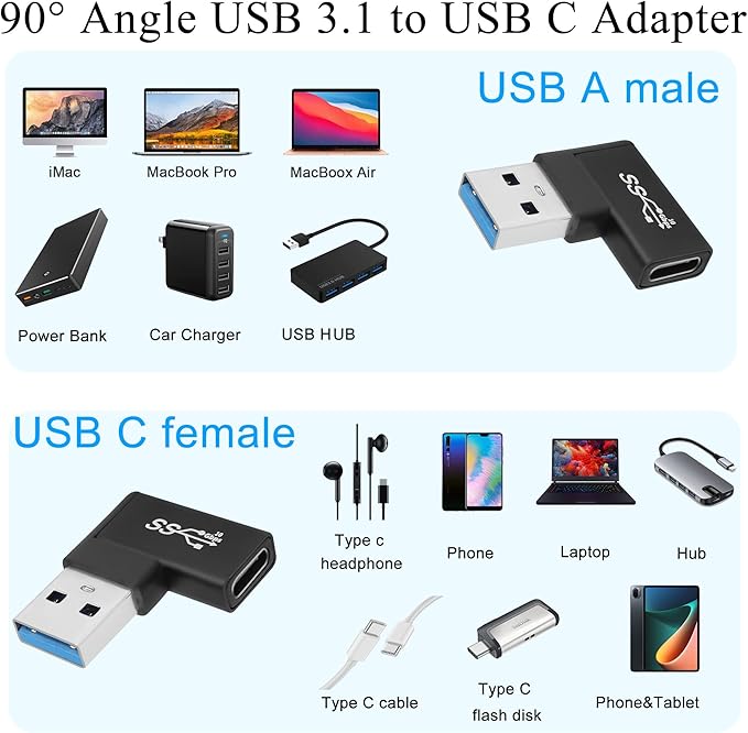 QIANRENON 90° Angle USB 3.1 to USB C Adapter 10Gbps USB A Male to Type C Female Right Angle L-Shaped Connector, for Data Transfer OTG 3A Charging, for PC Laptop Tablet,2Pcs (Right Angle Lateral Bend)
