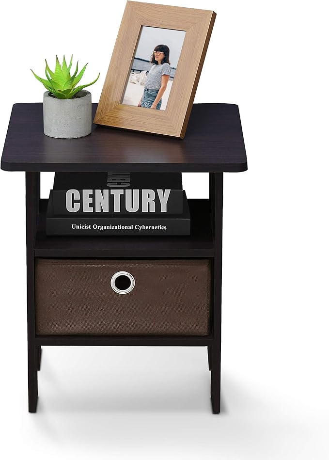 Furinno ANDREY Side Table, End Table, Night Stand with Open Shelves and Storage Bin, Bedside Table, for Living Room, Bedroom, Dark Walnut