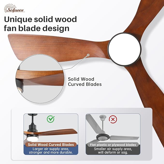 Sofucor 52 Inch Solid Wood Ceiling Fans With Lights, Low Profile Ceiling Fan with Light and Remote, 3 Downrod, Reversible DC Motor, Indoor/Outdoor 3 Blade Ceiling Fan Light for Bedroom Farmhouse Patio