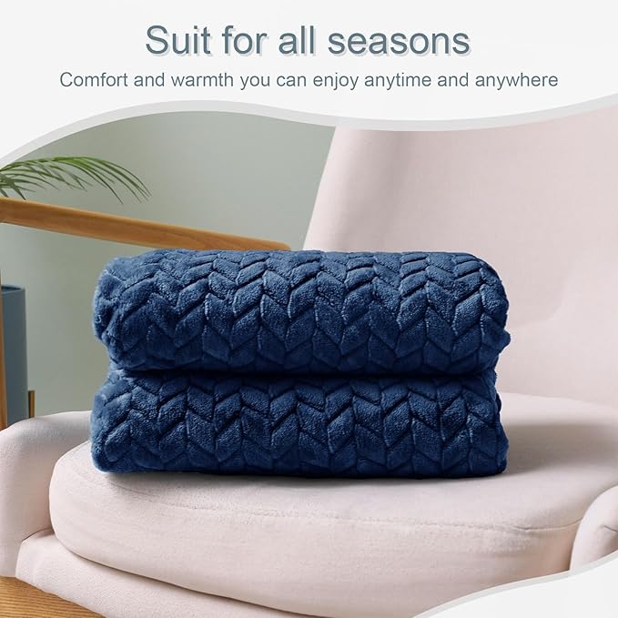 Exclusivo Mezcla Fleece Throw Blanket for Couch, 50x70 Inches Soft Cozy Jacquard Flannel Blankets, Lightweight Fuzzy Plush Warm Throws for Winter, Navy Blue