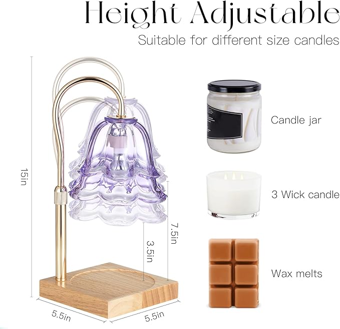 Candle Warmer Lamp with Timer: Purple Flower Candle Warming Lamp with 2 Bulbs Height Adjustable Wax Warmer Dimmable Bedroom Decor Mothers Day Gift for Women