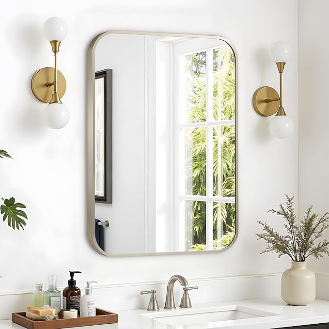 20"x30" Brushed Nickel Bathroom Vanity Mirror for Over Sink, Rounded Rectangle Silver Metal Frame Mirror for Wall, Living Room, Entryway, Vertical or Horizontal