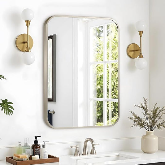 24"x36" Brushed Nickel Bathroom Vanity Mirror for Over Sink, Rounded Rectangle Silver Metal Frame Mirror for Wall, Living Room, Entryway, Vertical or Horizontal