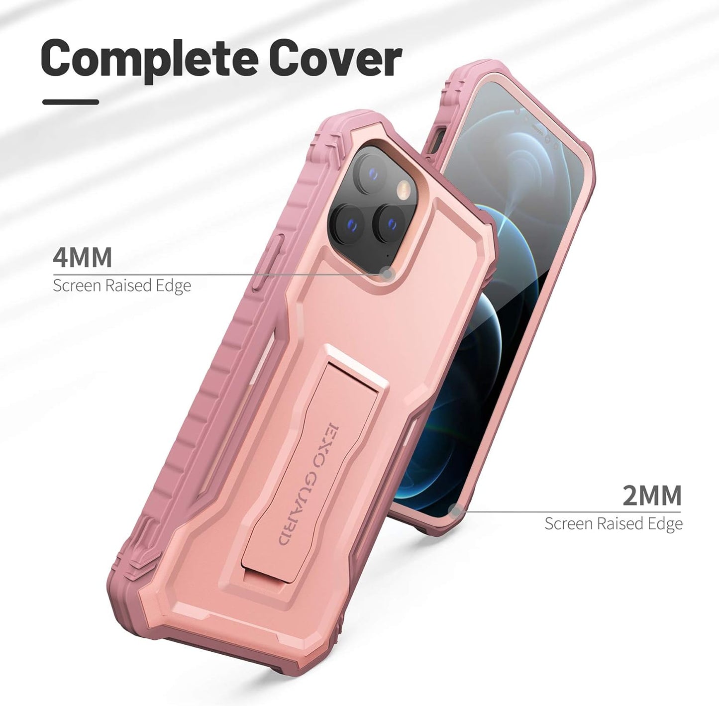 ExoGuard Pink iPhone 12 Case, Compatible with iPhone 12 Pro, Rubber Shockproof Full-Body Cover with Kickstand