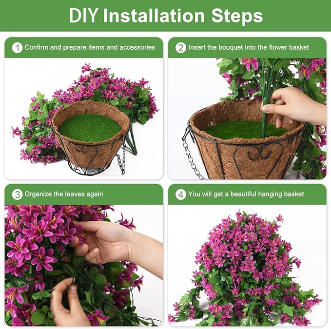 INQCMY Artificial Hanging Flowers in Basket for Summer Outdoor Porch Decoration,UV Resistant Fake Silk Violet in Planter Realistic for Outside Home Patio Balcony Garden Yard Decor