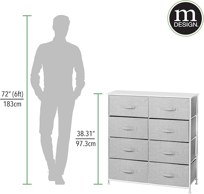 mDesign 38.31" High Steel Frame/Wood Top Storage Dresser Furniture Unit with 8 Removable Fabric Drawers - Large Bureau Organizer for Bedroom, Living Room, or Closet - Lido Collection, Gray