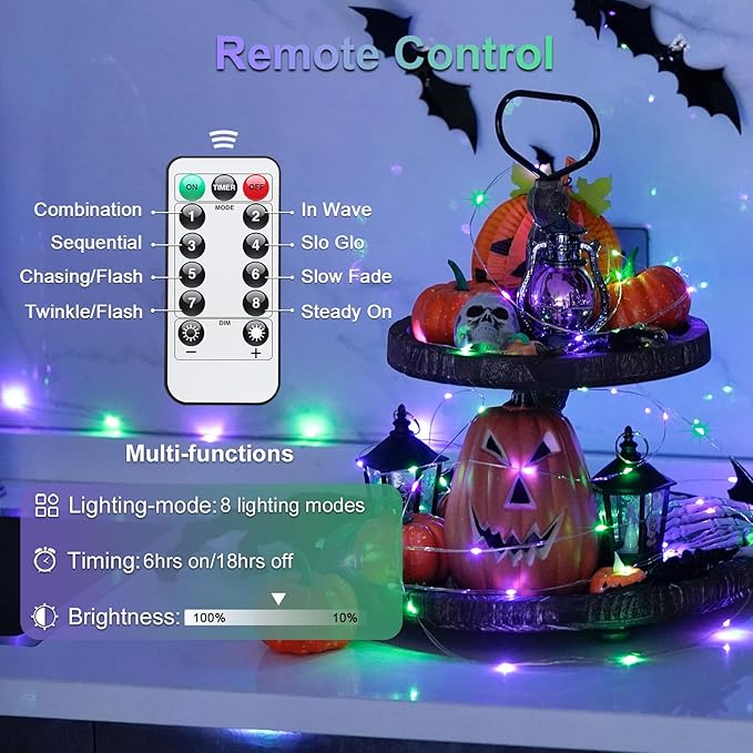 JMEXSUSS 2 Pack Purple and Green Fairy Lights Battery Operated, Total 200 LED 66ft Halloween Lights with Remote, 8 Modes Twinkle String Lights for Fireplace Mantel Porch Tree Centerpiece Wreath Decor