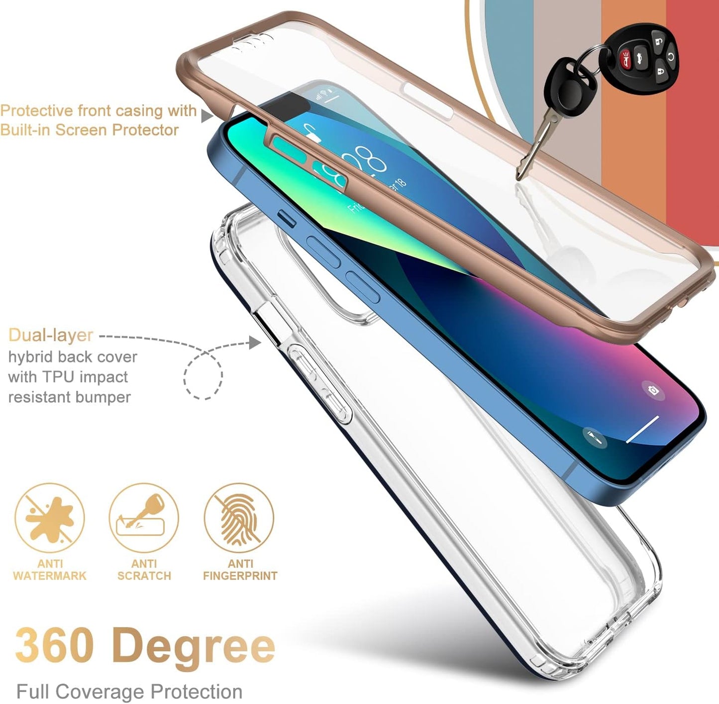 Esdot iPhone 13 Case with Built-in Screen Protector, Military Grade Rugged Cover for Women Girls, 6.1" Nice Rainbow