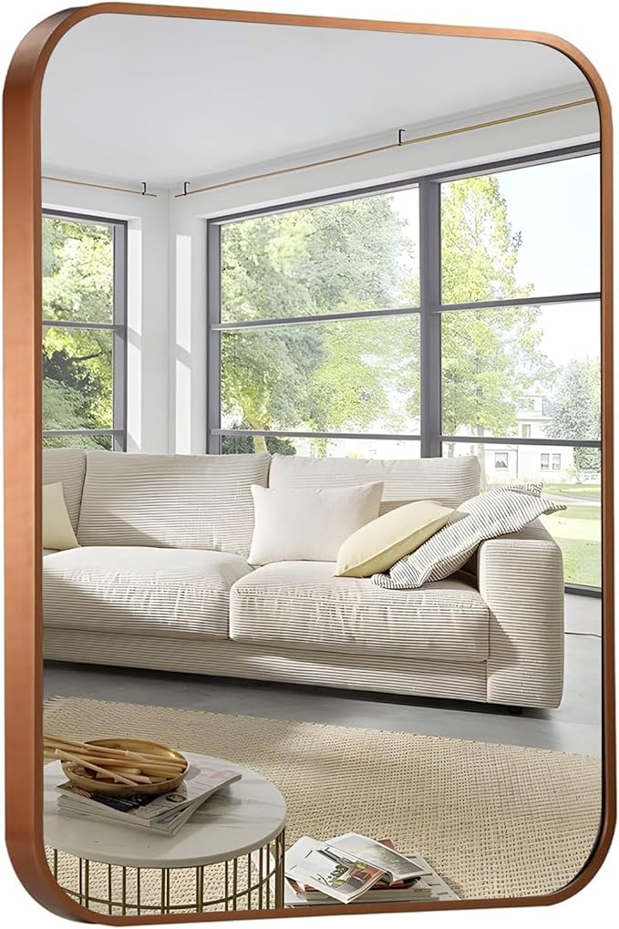24"x36" Brushed Bronze Metal Framed Rounded Rectangle Mirror, Brown Wall Mounted Mirrors for Bathroom Entryway Vanity Living Room Bedroom, Vertical or Horizontal