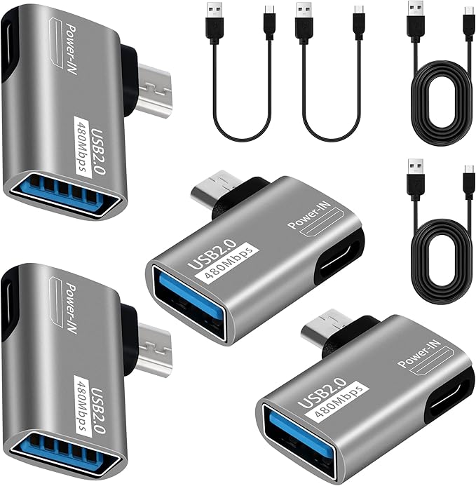 4 Pack OTG Cable Adapter for Fire TV Stick,90 Degree Left & Right Angle Powered Micro USB to USB OTG Adapter for Android Phone Tablet and More Host Devices with Micro USB (with 2 USB A to Micro Cable)