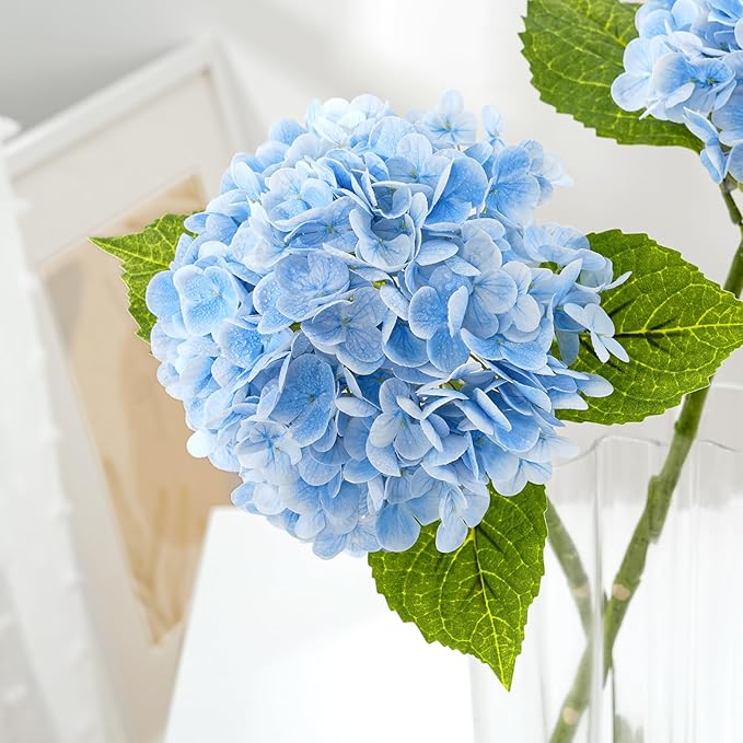 Waipfaru 4 PCS Hydrangea Artificial Flowers, Real Touch Blue Hydrangea Artificial Flowers, Full Latex Fake Hydrangeas for Home Decor Party Floral Arrangements Wedding Bouquets Centerpieces