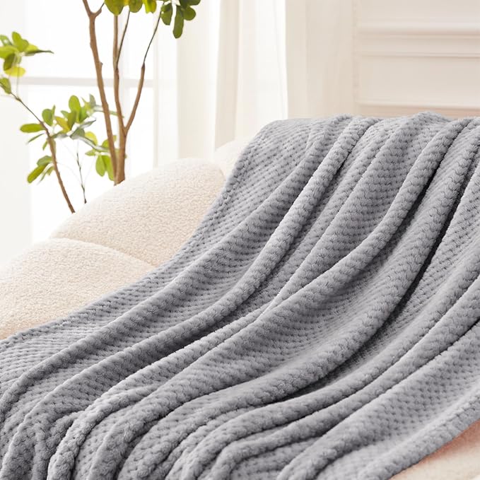 Exclusivo Mezcla Fleece Bed Blanket Queen Size, Super Soft and Warm Blankets for Couch, Sofa and Bed Waffle Textured, Cozy, Fuzzy and Lightweight (Light Grey, 90x90 Inches)