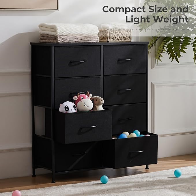 Sweetcrispy Dresser, Dresser for Bedroom Drawer Organizer Storage Drawers, Fabric Storage Tower with 8 Drawers, Chest of Drawers with Steel Frame, Wood Top for Nursery, Living Room, Closet