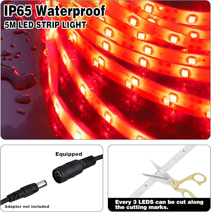iNextStation 12V LED Light Strip IP65 Waterproof Red LED Strip Lights 16.4ft/5m Cuttable 300 SMD 2835 LED Tape Flexible Led Lights for Bedroom Outdoor Indoor Decor (Power Adapter not Included)