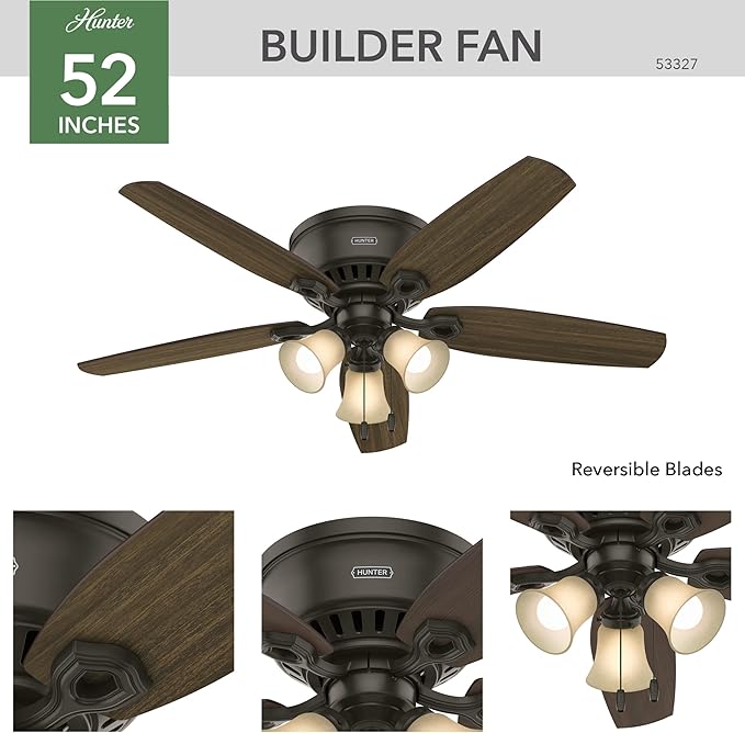 Hunter 52 inch Indoor Ceiling Fan with LED Lights - Bronze Ceiling Fan with Pull Chain, For Bedroom, Living Room, or Kitchen, Low Profile Mount, No Remote, 5 Blades - Builder 53327, New Bronze