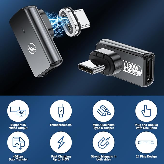 USB C Magnetic Adapter 40Gbps, (2 Pack) 90 Degree Magnetic USB C Adapter 24 Pins with PD 140w Fast Charging USBC 4 8K 60Hz for Thunderbolt 3/4, MacBook Pro/Air and More Type C Devices