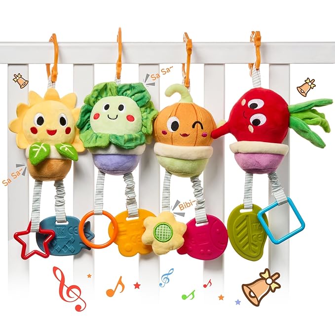 TUMAMA Baby Toys 0 3 6 12 Months, Soft Hanging Stroller Toys Potted Plant Crib Car Seat Toys, Infant Newborn Crinkle Infant Rattles with Teether Squeaky Sensory Developmental Toy