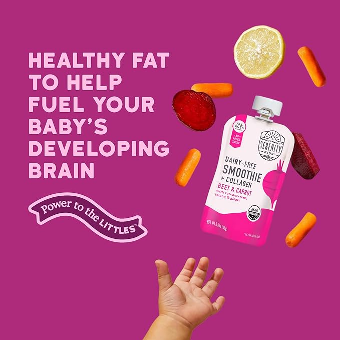 Serenity Kids 6+ Months Dairy-Free Smoothie Baby Food Pouch - USDA Organic - Grass Fed Collagen Protein - 3.5 Ounce BPA-Free Pouch - Beet & Carrot - 6 Count