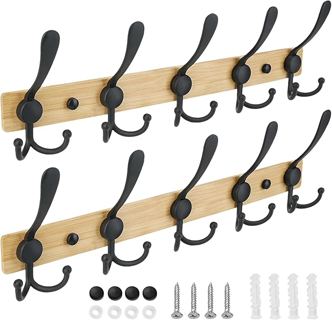 TICONN Wall Mounted Coat Rack, Five Heavy Duty Tri Hooks All Metal Construction for Jacket Coat Hat in Mudroom Entryway (Wood Black, 2-Pack)