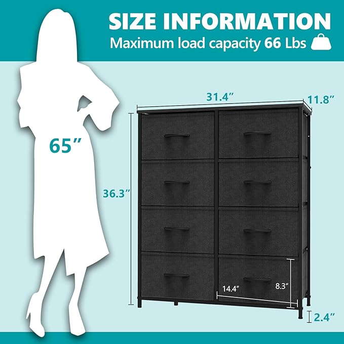 OLIXIS Dresser for Bedroom,8 Storage Fabric Drawers, Metal Frame and Wooden Top, Tall Storage Drawer Dresser for Closet with Easy Pull Handles for Living Room, Entryway, Small Space Black