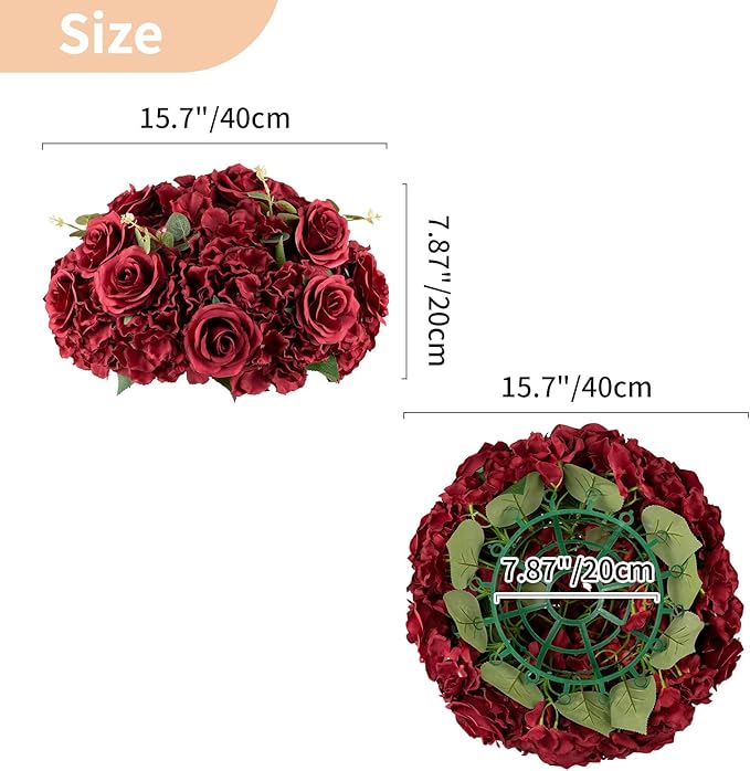 Nuptio Flower Balls for Wedding Centrepieces - 2 Pcs 15.7 inch Diameter Large Burgundy Artificial Flowers Roses Ball Fake Flower Arrangement Bouquet Faux Rose for Wedding Party Centrepiece Decorations