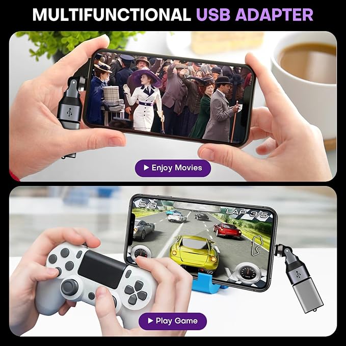 USB Adapter Type C to A 2 Pack 180° & 360° Rotation USB2.0 480Mbps Phone OTG Port Fast Charge Extender with LED Indicator (Black)