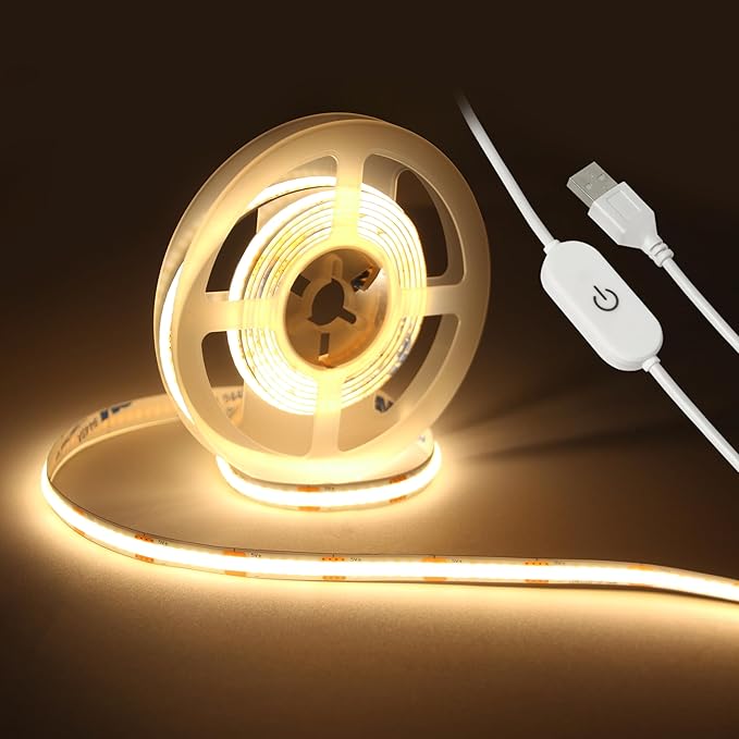 Led Strip Lights 5V USB 6.56ft/2m 640 LEDs Touch stepless Dimmable COB LED Strip Light 3000K Warm White 10W Flexible led Lights for Bedroom Kitchen, DIY Lighting Room Decor 5V LED TV Lights