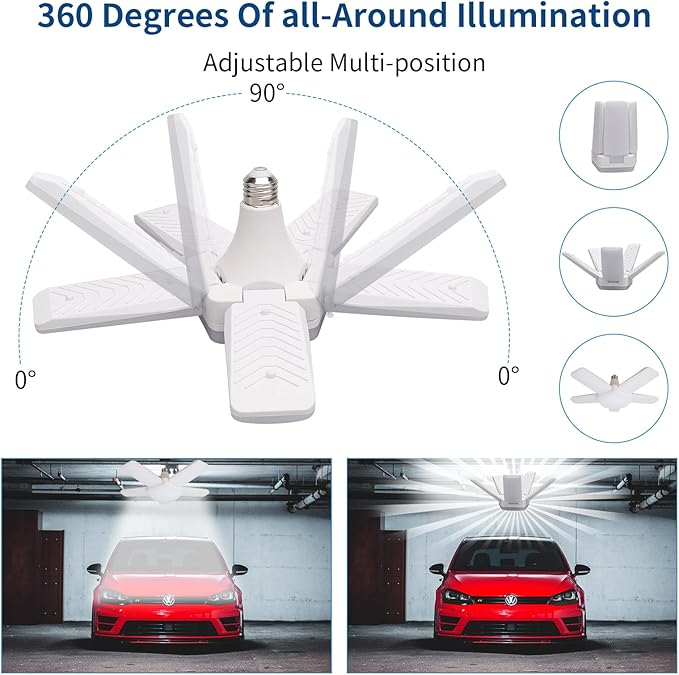 LED Garage Lights 2 Pack, The New 100W Deformable LED Shop Lights with 5 Adjustable Panels, E26/E27 LED Ceiling Light, 10000LM 6500K Hight Bay Light for Basement Warehouse Workshop