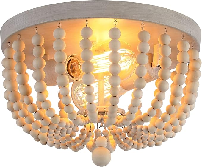 Q&S Boho Chandelier Wood Beaded Flush Mount Ceiling Light Fixtures for Nursery Baby Bedroom Kitchen Hallway,Oak White Finish,2-Lights
