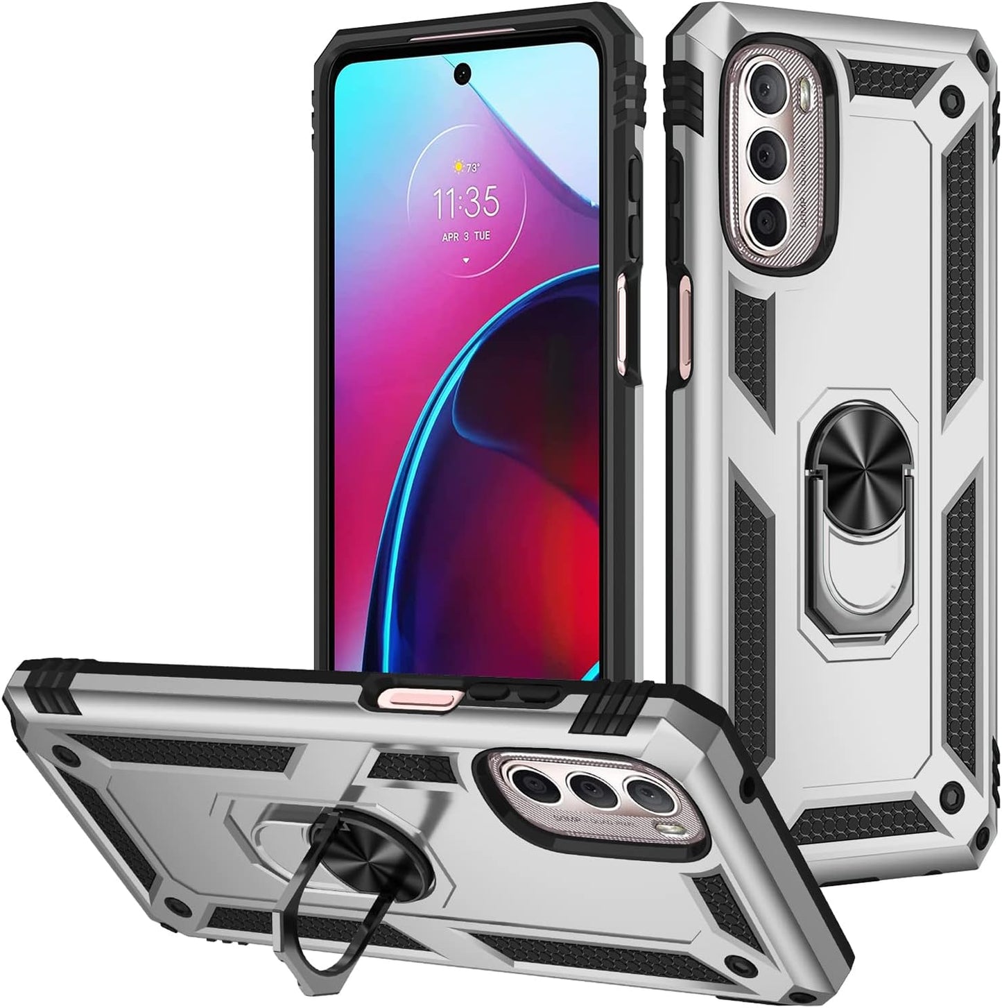 Military Grade Shockproof Case for Motorola Moto G Stylus 5G 2022, 360 Metal Rotating Ring Kickstand Holder (Silver)