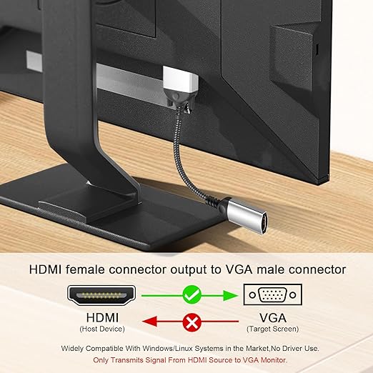HDMI to VGA Adapter Cable 8 inch Uni-Directional Only,Gold-Plated 1080p@60Hz HDMI Female to VGA Male Braided Cord for PC,Laptop,Monitor,HDTV, Roku, Xbox, PS5