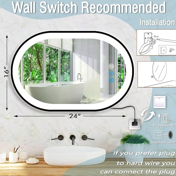 24 x 16 Inch Black Oval LED Vanity Mirror with Lights Smart Memory 3 Color Dimmable AntiFog Black Frame Oval Lighted Mirror for Bathroom Wall Horizontal Vertical Mount Ovals Light up Mirrors