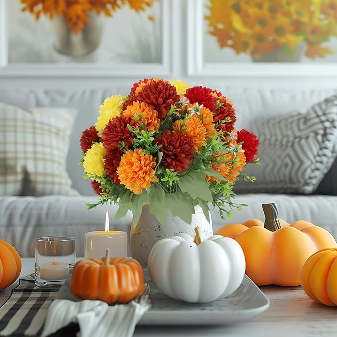 12 Pack with 84 Flower Heads Artificial Chrysanthemum Flowers, Fall Floral Decor for Indoor Outdoor, Porch, Patio, Front Yard, Planters, Thanksgiving