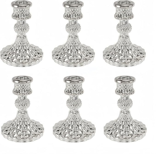 Glass Candlestick Holder,Striped Taper Candle Holders,Set of 6 Candle Stand for Table Centerpieces, Home Decor,Weddings,Festival and Parties (Silver Diamond)