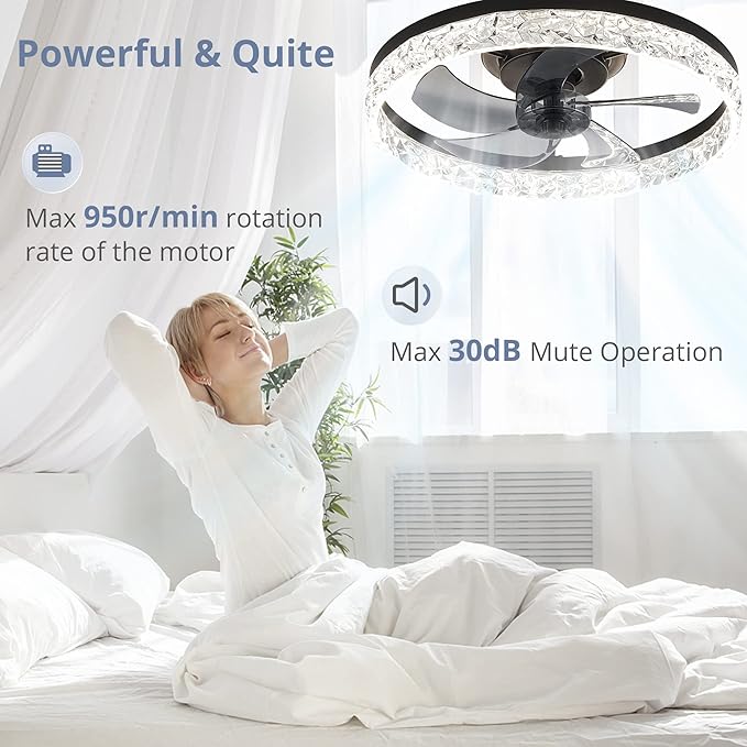 LEDIARY 20" Modern Ceiling Fans with Lights and Remote, Dimmable Low Profile Ceiling Fan, Flush Mount Ceiling Fan, Stepless Color Temperature Change and 6 Speeds - Black