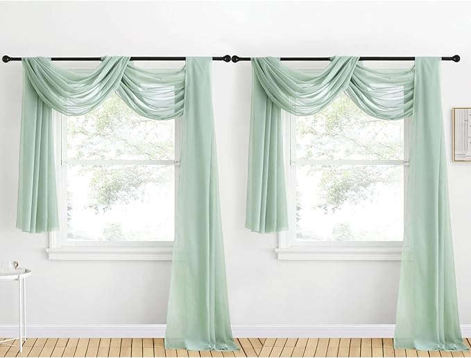 NICETOWN Voile Sheer Scarf Valances for Windows, 216" Extra Long Window Dressings for Anniversary/Wedding Design, Sage Green, 60" Wide, 2 Pieces