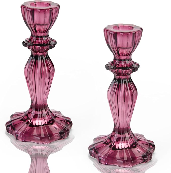 Glass Candle Holders, 2PCS Wide Base Candlestick Holder Decorative Candle Stand Table Centerpieces for Halloween Christmas Wedding Birthday Party, Dark Purple